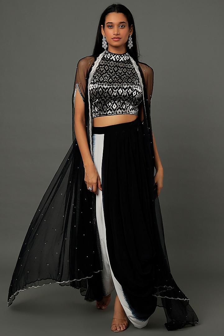 Black Georgette Draped Skirt Set by Dev R Nil at Pernia's Pop Up Shop