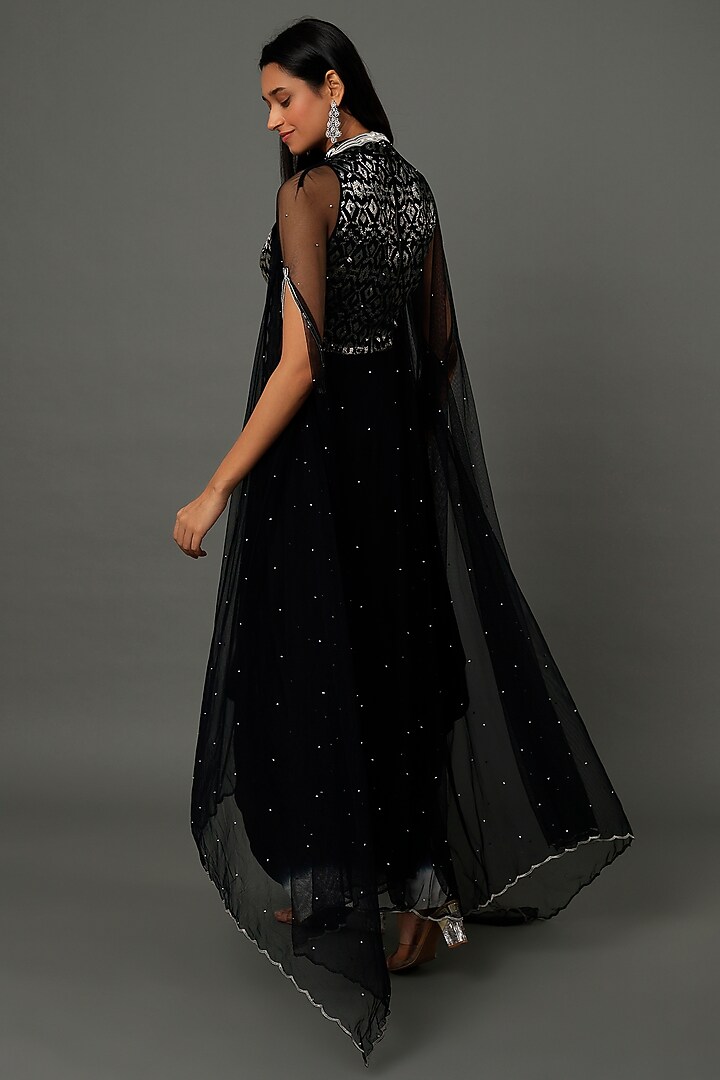 Black Georgette Draped Skirt Set by Dev R Nil at Pernia's Pop Up Shop