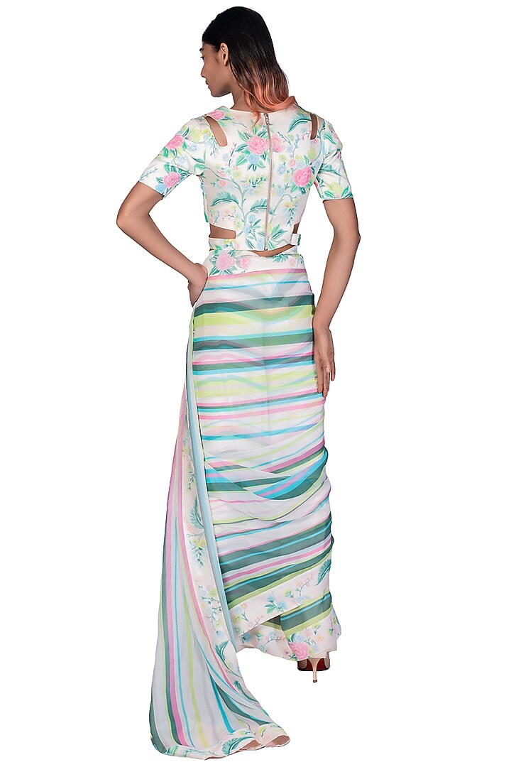 White Satin & Georgette Striped Wedding Saree Set by Dev R Nil at Pernia's Pop Up Shop