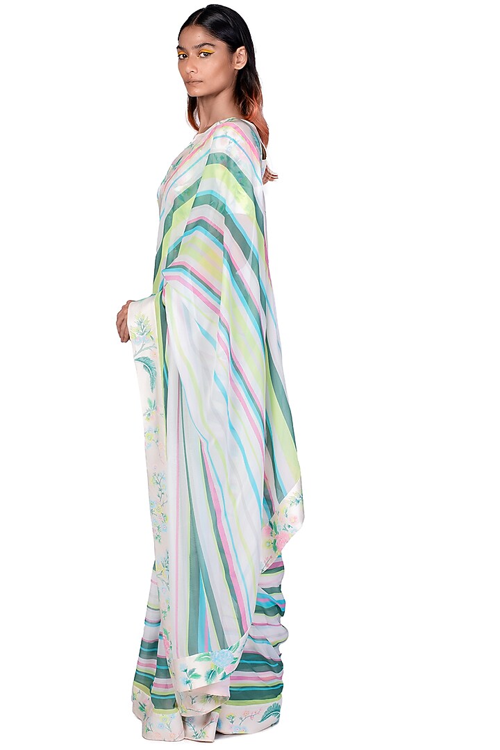 White Satin & Georgette Striped Wedding Saree Set by Dev R Nil at Pernia's Pop Up Shop