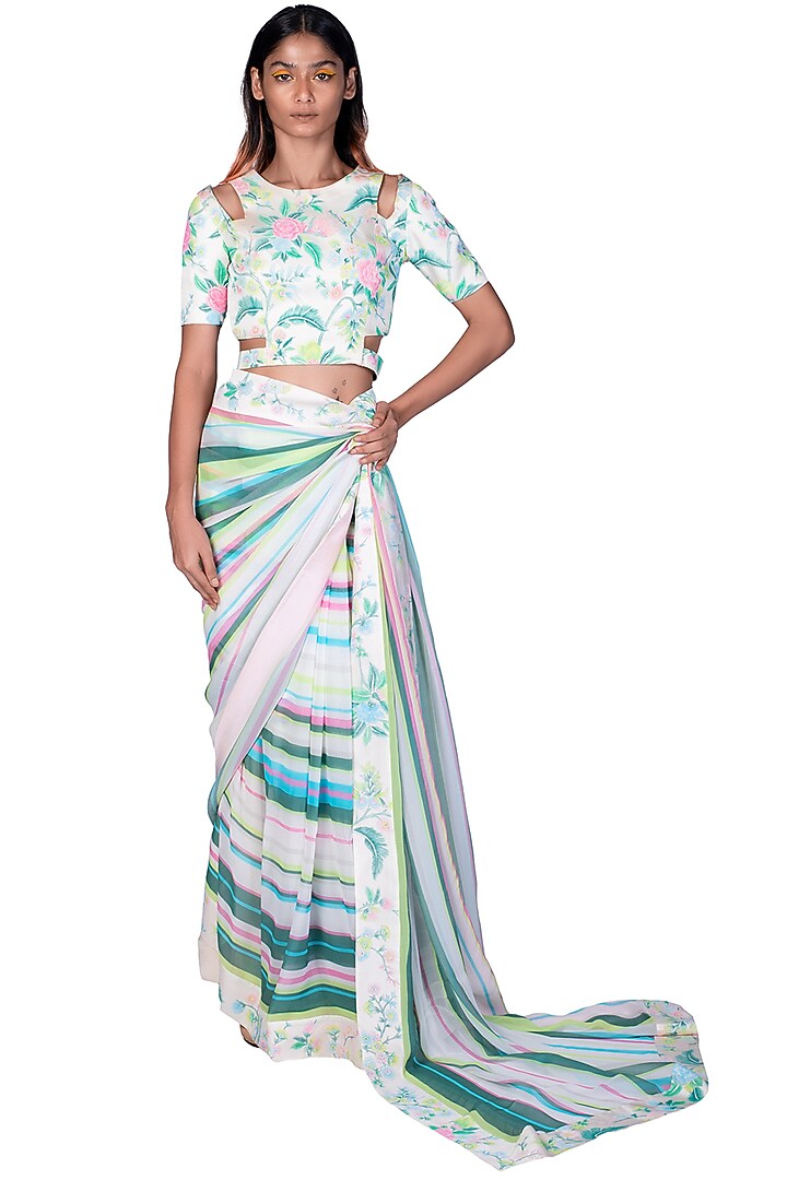 White Satin & Georgette Striped Wedding Saree Set by Dev R Nil at Pernia's Pop Up Shop