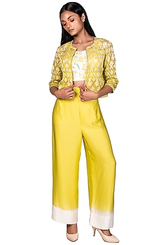 Neon Yellow Embroidered Jacket Set by Dev R Nil