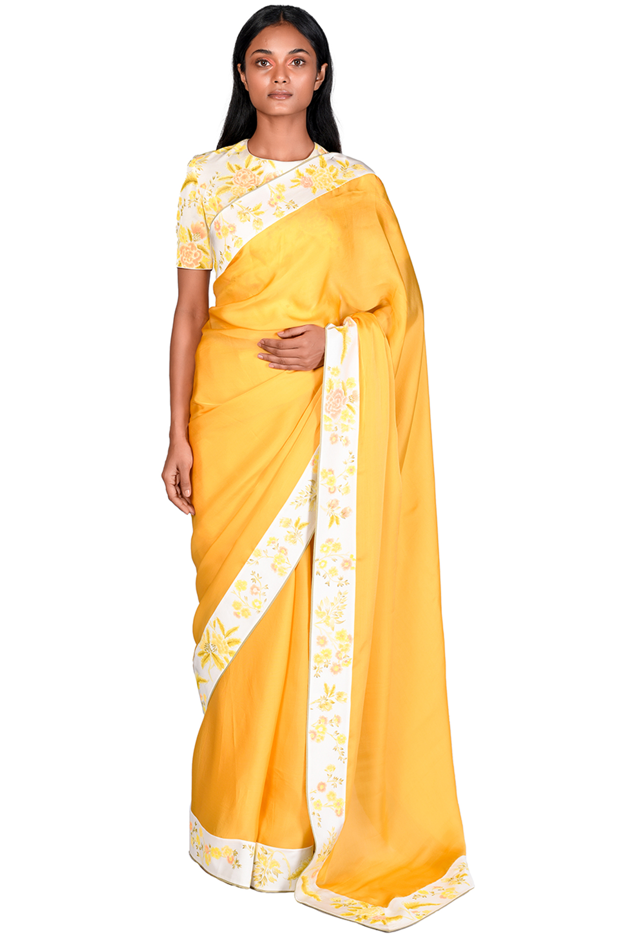 Mustard Satin Organza Hand Painted Wedding Saree Set by Dev R Nil at Pernia's Pop Up Shop