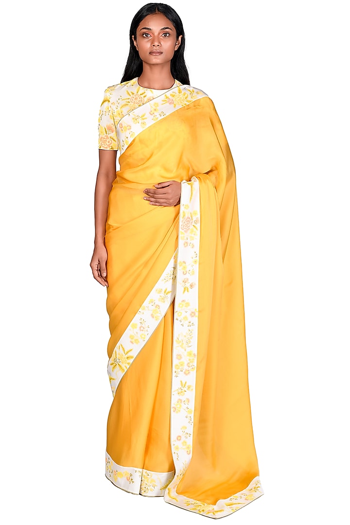 Mustard Satin Organza Hand Painted Wedding Saree Set by Dev R Nil at Pernia's Pop Up Shop