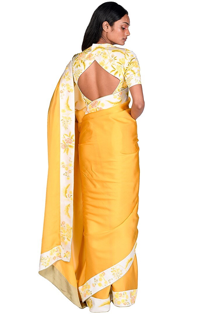 Mustard Satin Organza Hand Painted Wedding Saree Set by Dev R Nil at Pernia's Pop Up Shop