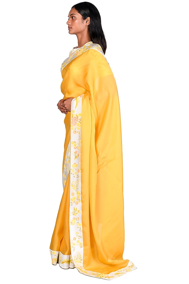 Mustard Satin Organza Hand Painted Wedding Saree Set by Dev R Nil at Pernia's Pop Up Shop