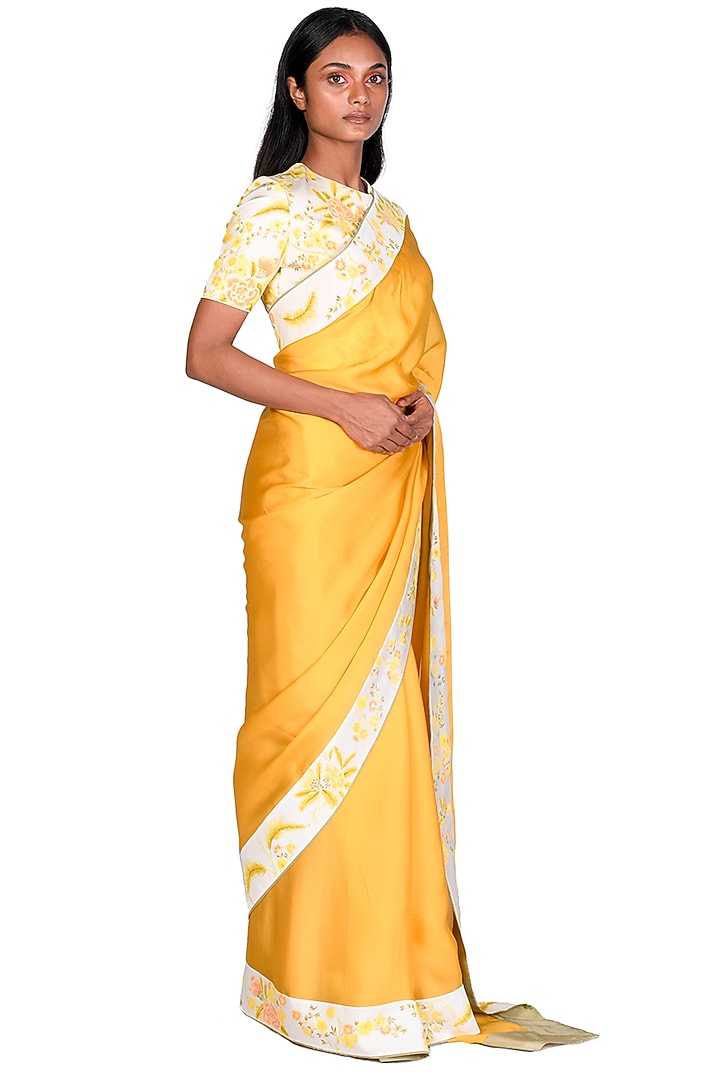Mustard Satin Organza Hand Painted Wedding Saree Set by Dev R Nil at Pernia's Pop Up Shop