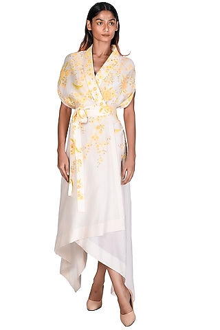 Yellow & White Hand Painted Wrap Dress by Dev R Nil