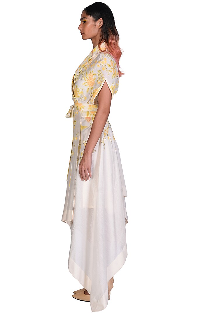 Yellow & White Hand Painted Wrap Cocktail Dress by Dev R Nil at Pernia's Pop Up Shop