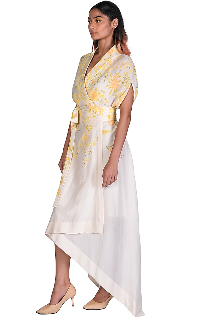 Yellow & White Hand Painted Wrap Cocktail Dress by Dev R Nil at Pernia's Pop Up Shop