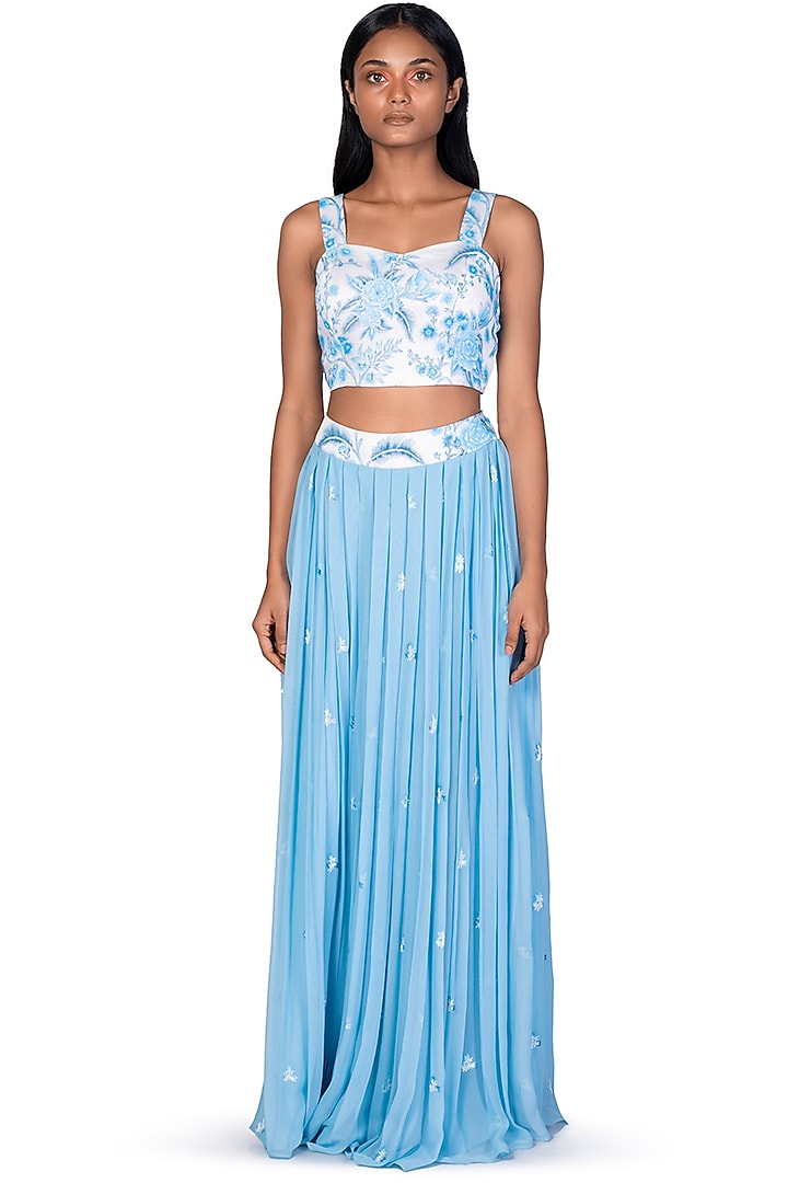 Light Blue Embroidered Skirt Set by Dev R Nil at Pernia's Pop Up Shop