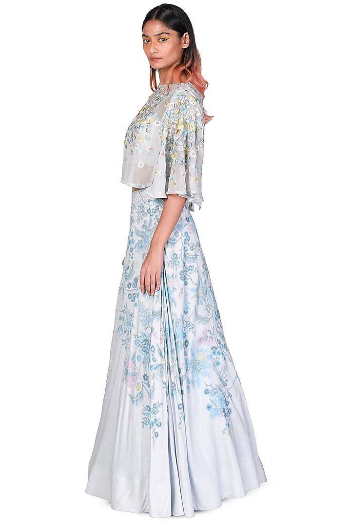 Light Blue Hand Painted Skirt Set by Dev R Nil at Pernia's Pop Up Shop