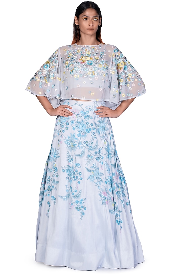 Light Blue Hand Painted Skirt Set by Dev R Nil at Pernia's Pop Up Shop