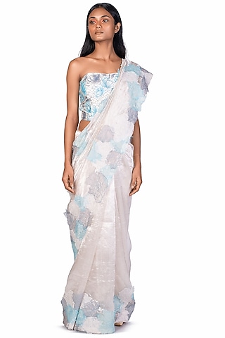 Silver 3D Floral Saree Set by Dev R Nil