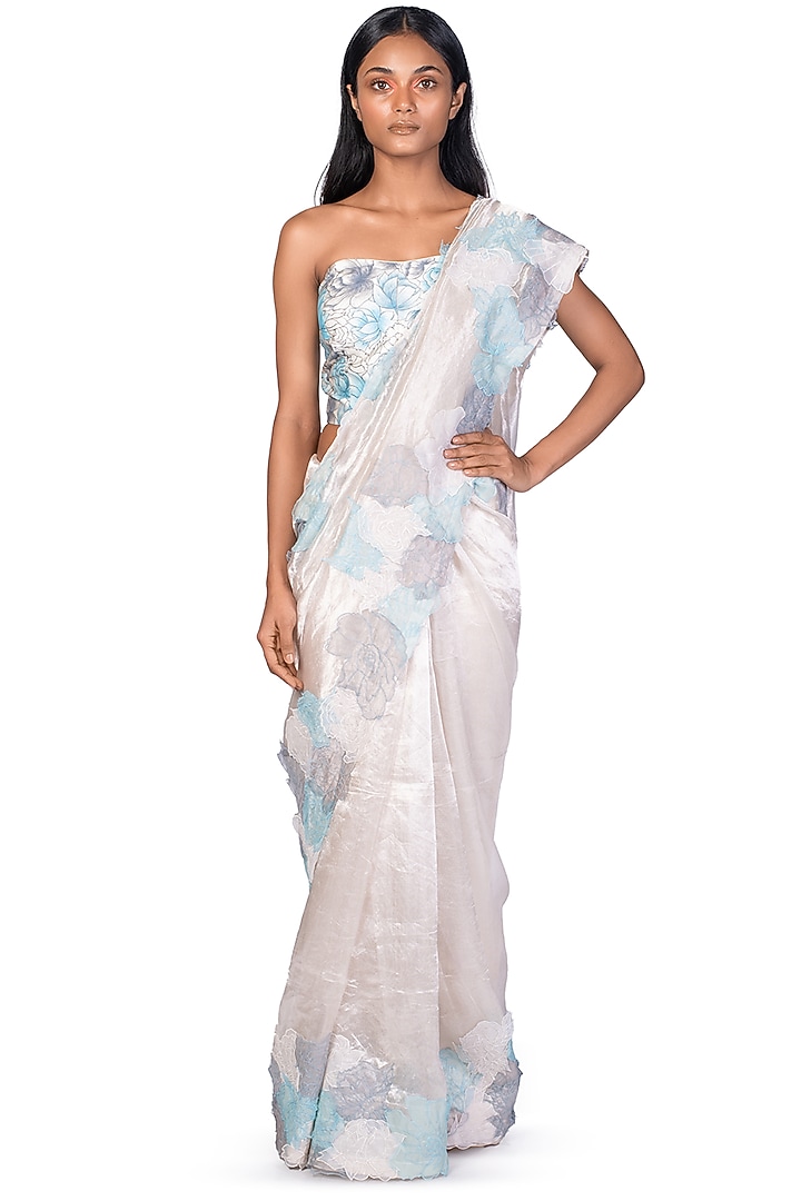 Silver 3D Floral Reception Saree Set by Dev R Nil at Pernia's Pop Up Shop