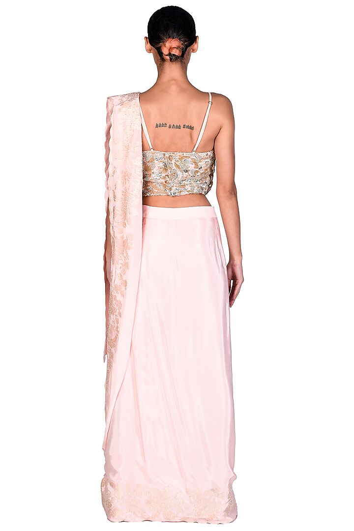 Peach Pink Applique Pre-Stitched Wedding Saree Set by Dev R Nil at Pernia's Pop Up Shop