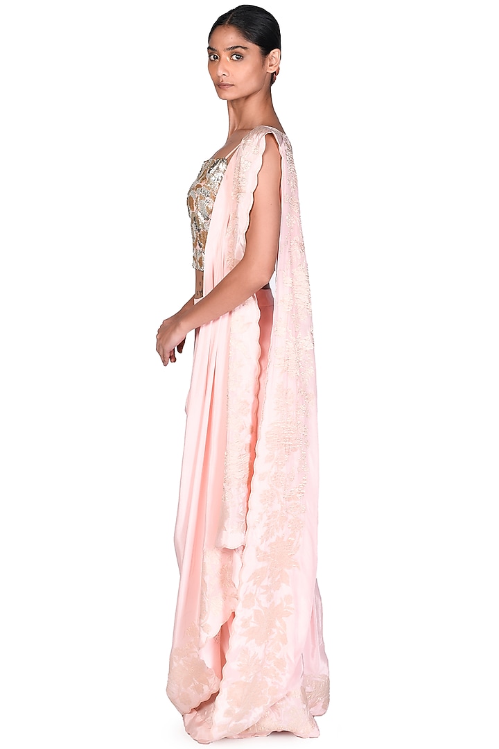 Peach Pink Applique Pre-Stitched Wedding Saree Set by Dev R Nil at Pernia's Pop Up Shop