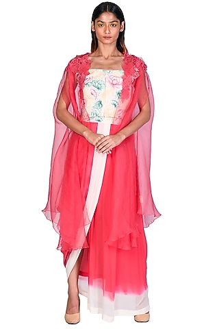 Coral Hand Painted Draped Skirt Set by Dev R Nil