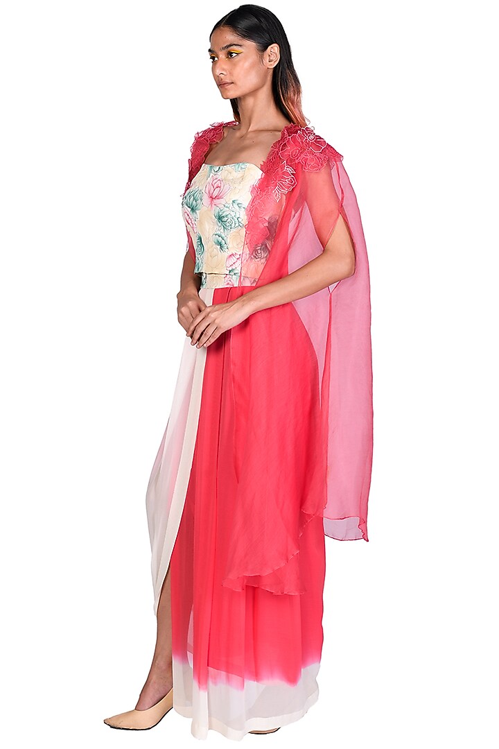 Coral Hand Painted Draped Skirt Set by Dev R Nil at Pernia's Pop Up Shop