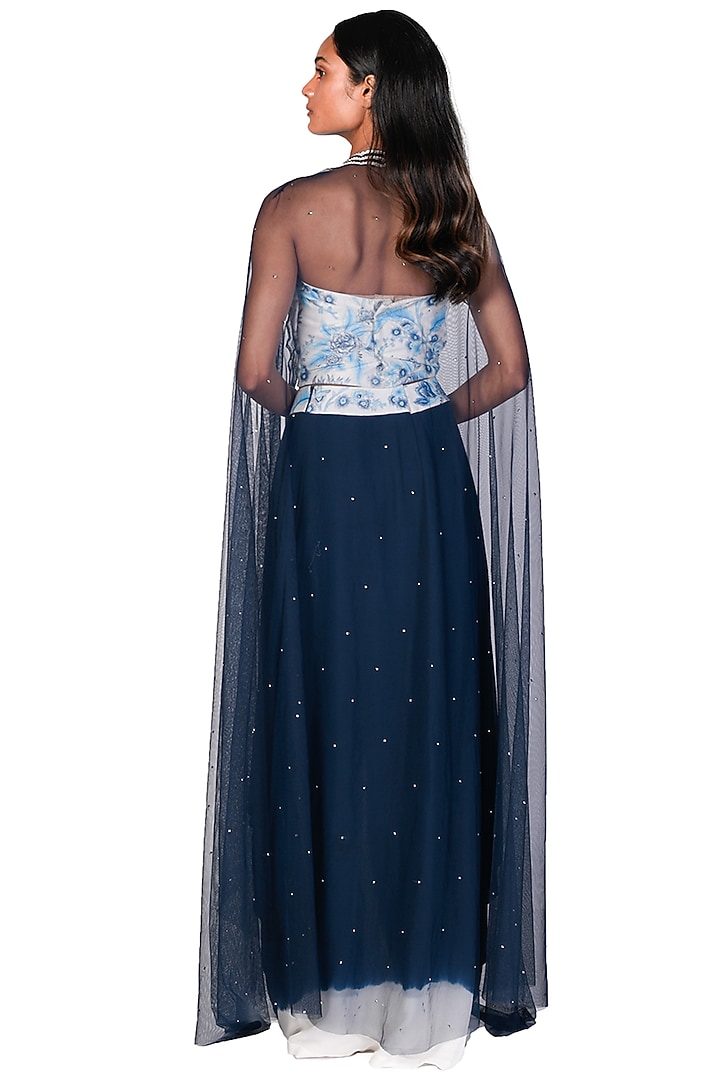 Navy Blue Tie-Dye Draped Skirt Set by Dev R Nil at Pernia's Pop Up Shop