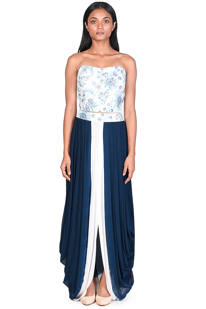 Navy Blue Tie-Dye Draped Skirt Set by Dev R Nil at Pernia's Pop Up Shop