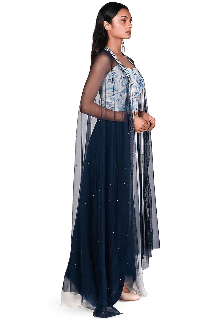 Navy Blue Tie-Dye Draped Skirt Set by Dev R Nil at Pernia's Pop Up Shop