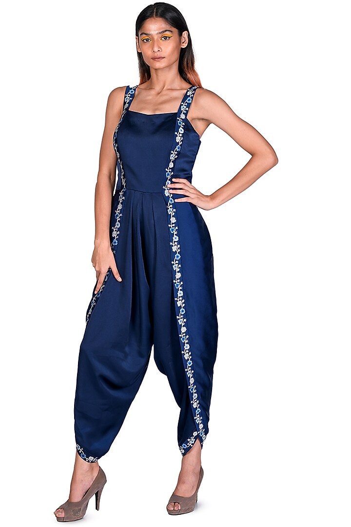 Navy Blue Embroidered Dhoti Jumpsuit With Throw by Dev R Nil at Pernia's Pop Up Shop