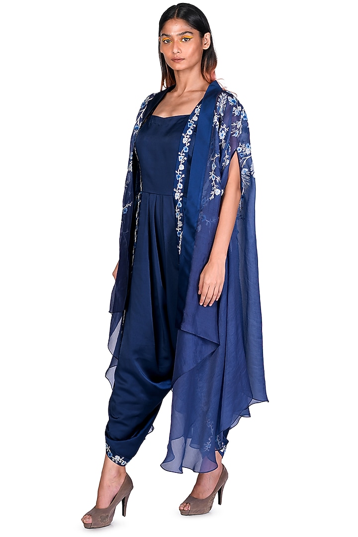 Navy Blue Embroidered Dhoti Jumpsuit With Throw by Dev R Nil at Pernia's Pop Up Shop