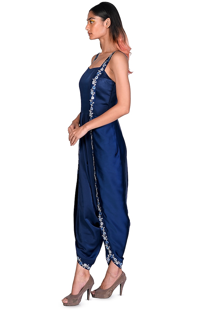 Navy Blue Embroidered Dhoti Jumpsuit With Throw by Dev R Nil at Pernia's Pop Up Shop
