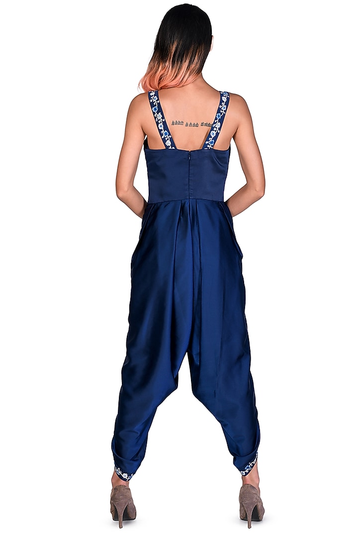 Navy Blue Embroidered Dhoti Jumpsuit With Throw by Dev R Nil at Pernia's Pop Up Shop