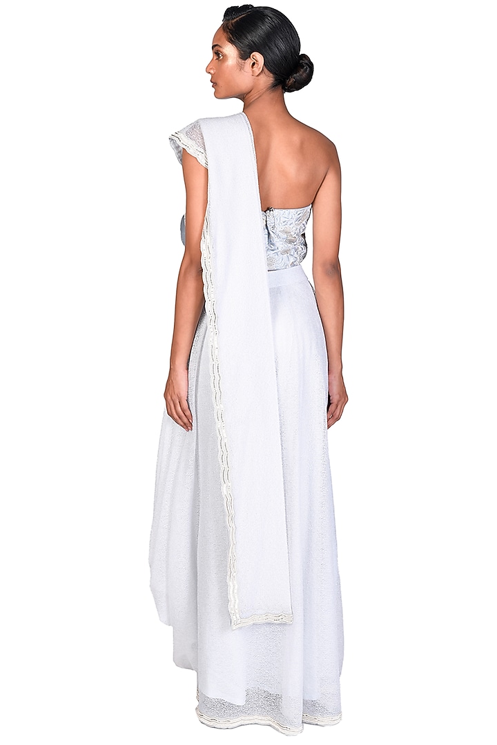 Grey Tulle Pre-Stitched Wedding Saree Set With Pearls by Dev R Nil at Pernia's Pop Up Shop