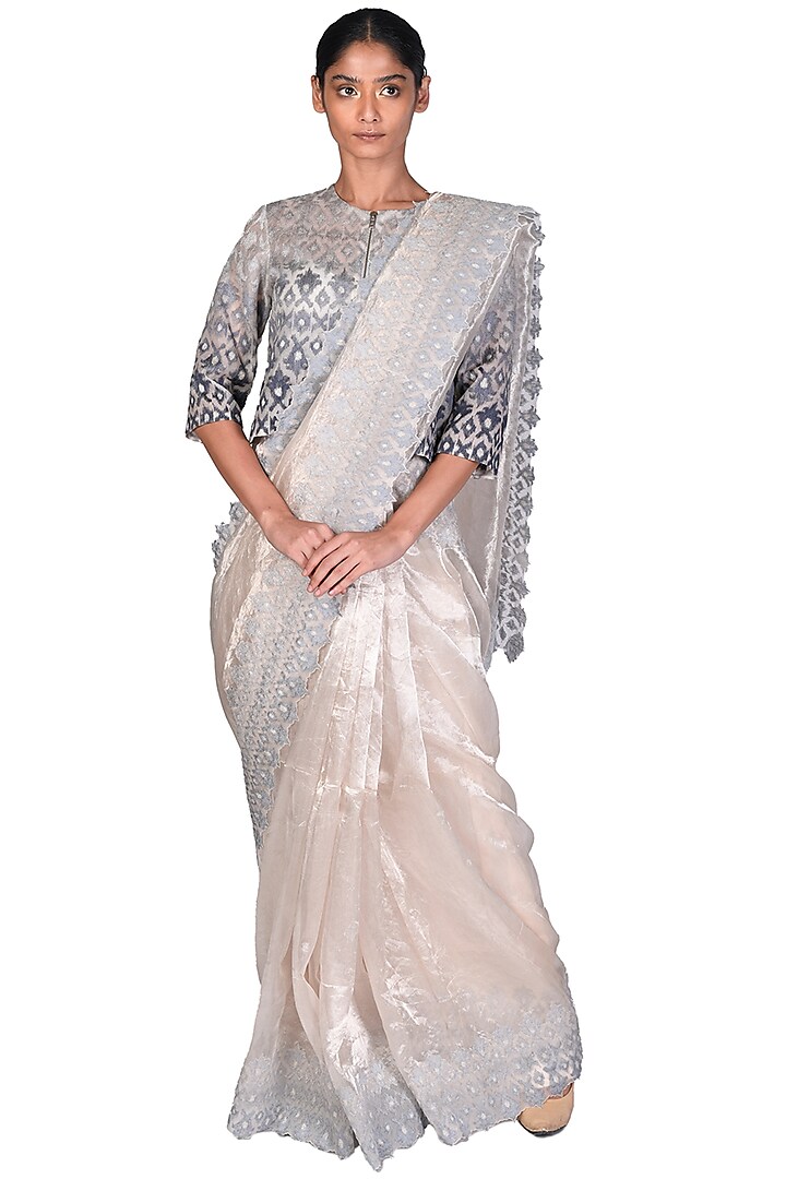 Grey & Off White Embroidered Saree Set by Dev R Nil