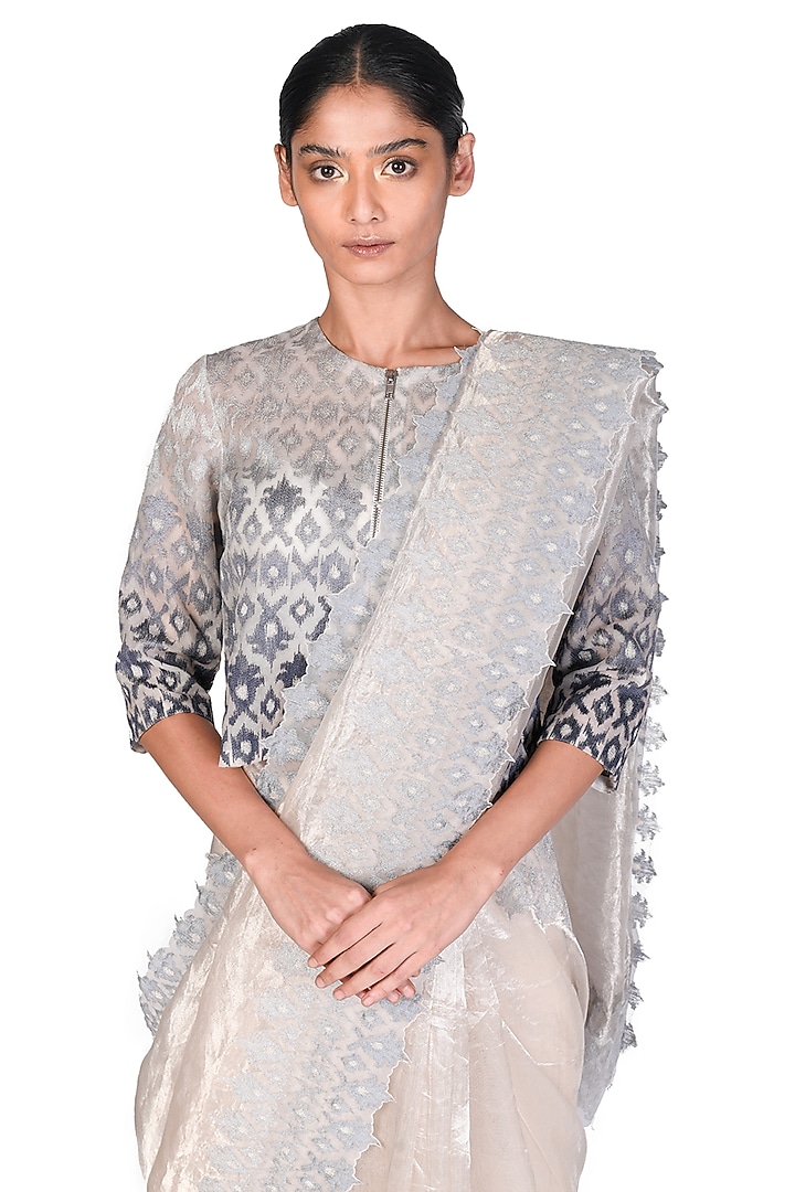 Grey & Off White Embroidered Reception Saree Set by Dev R Nil at Pernia's Pop Up Shop