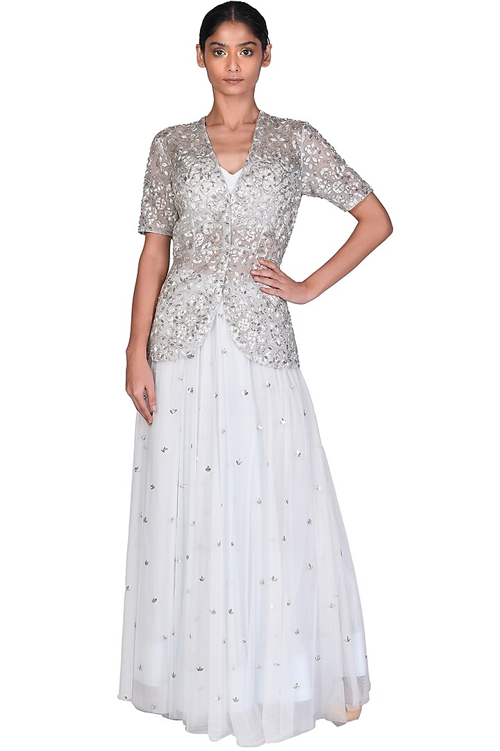 Pale Blue Embroidered Skirt Set by Dev R Nil at Pernia's Pop Up Shop