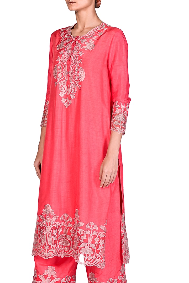Coral Tissue Applique Kurta Set by Dev R Nil at Pernia's Pop Up Shop