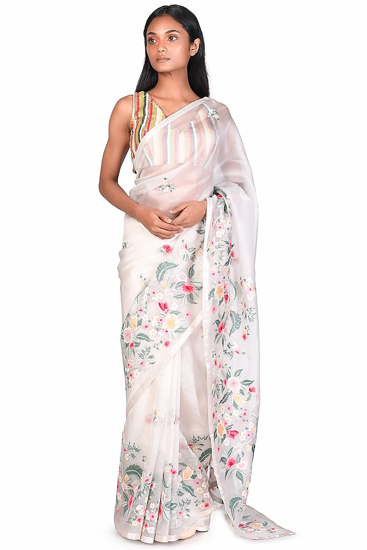 Off White Embroidered Saree Set by Dev R Nil