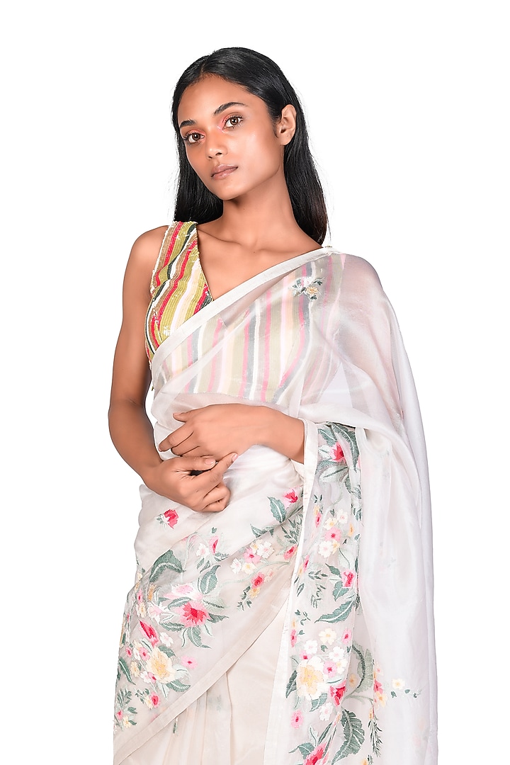 Off White Embroidered Reception Saree Set by Dev R Nil at Pernia's Pop Up Shop