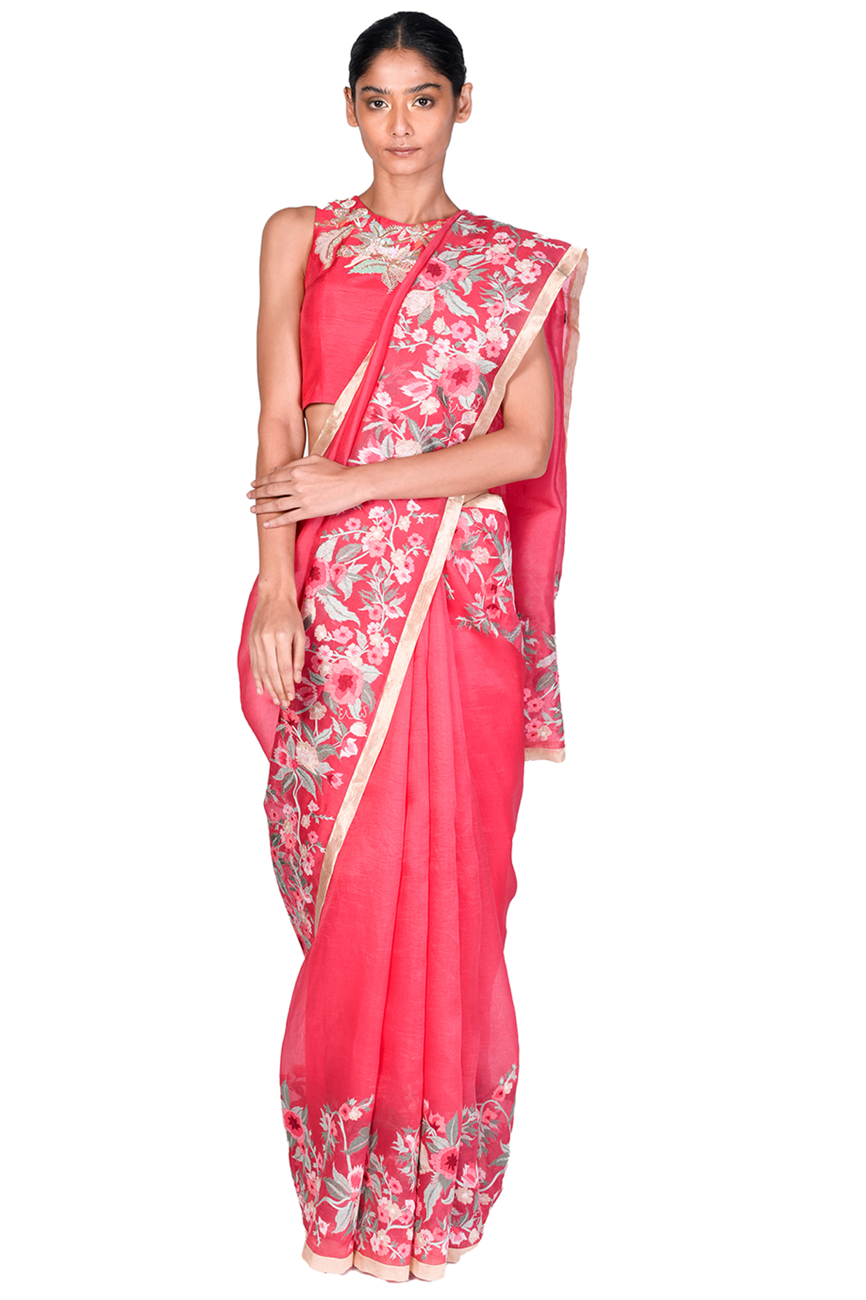 Coral Organza & Silk Thread Embroidered Reception Saree Set by Dev R Nil at Pernia's Pop Up Shop