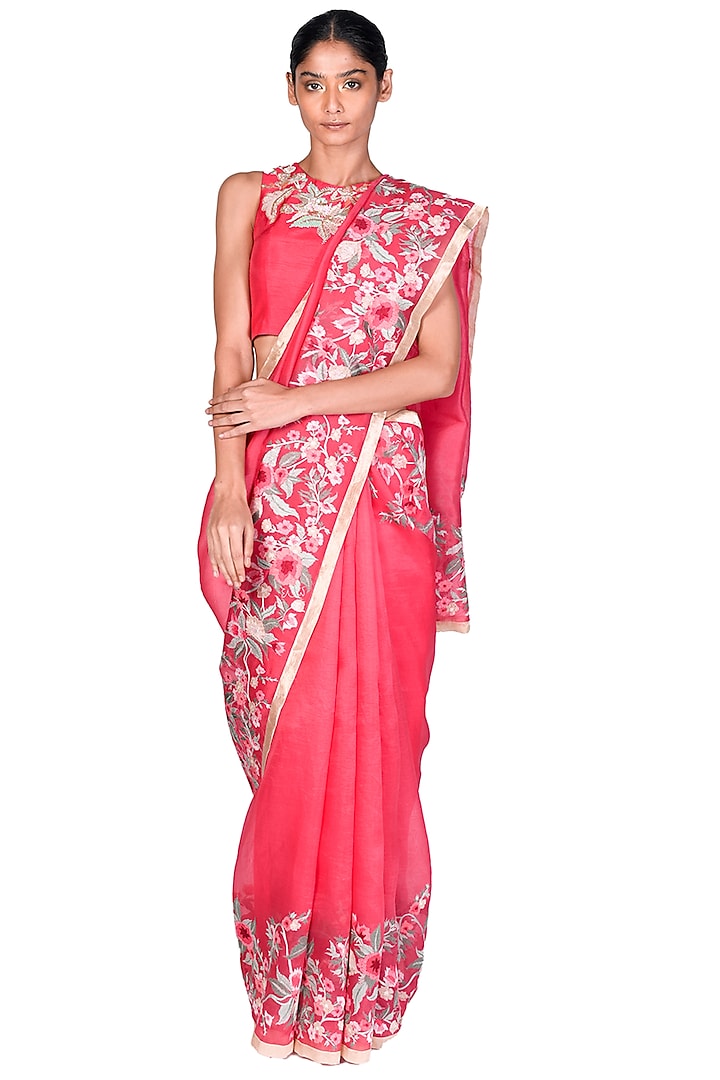 Coral Organza & Silk Thread Embroidered Reception Saree Set by Dev R Nil at Pernia's Pop Up Shop