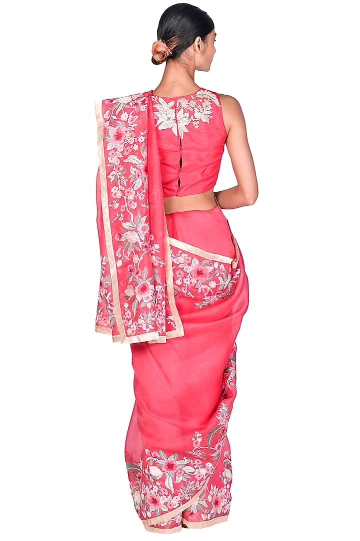Coral Organza & Silk Thread Embroidered Reception Saree Set by Dev R Nil at Pernia's Pop Up Shop