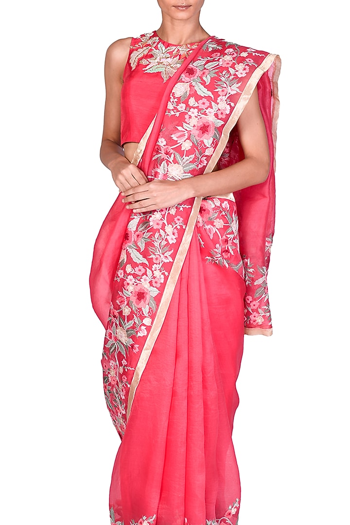 Coral Organza & Silk Thread Embroidered Reception Saree Set by Dev R Nil at Pernia's Pop Up Shop