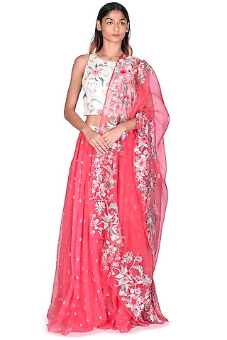 Coral Thread Embroidered Lehenga Set by Dev R Nil