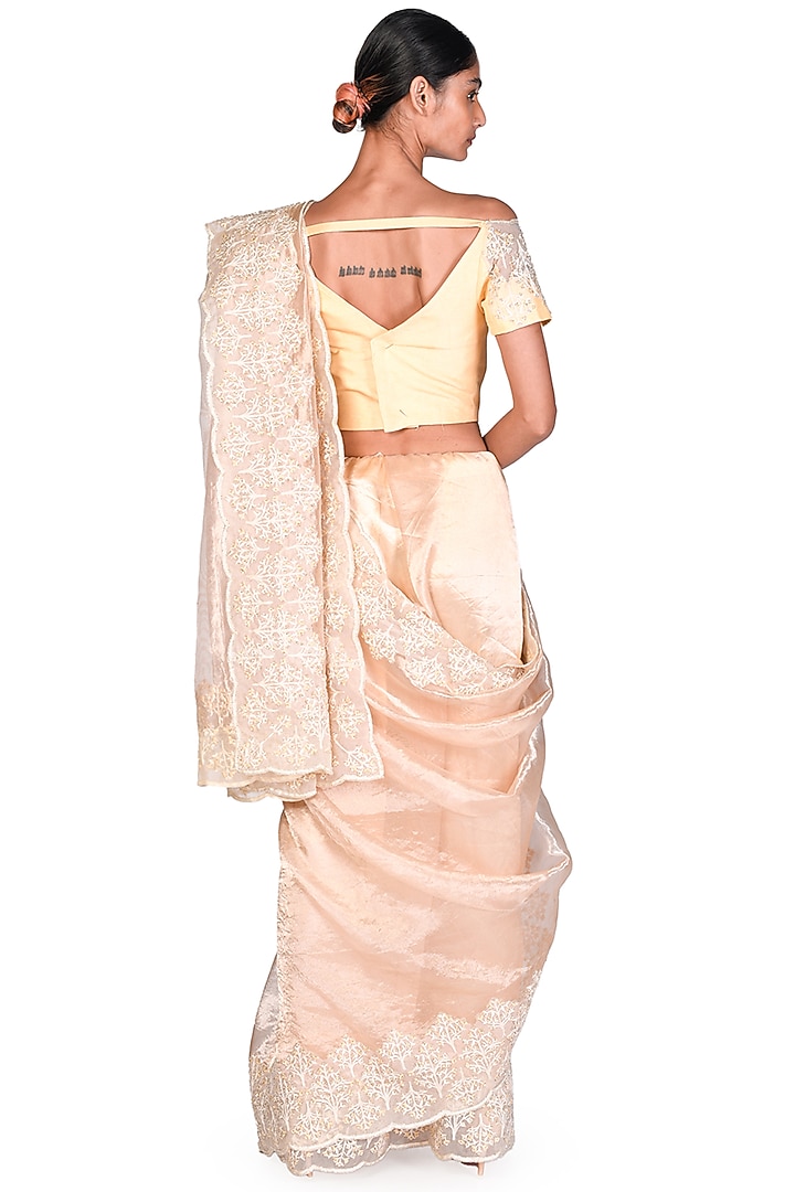 Rose Gold Tissue & Silk Embroidered Reception Saree Set by Dev R Nil at Pernia's Pop Up Shop