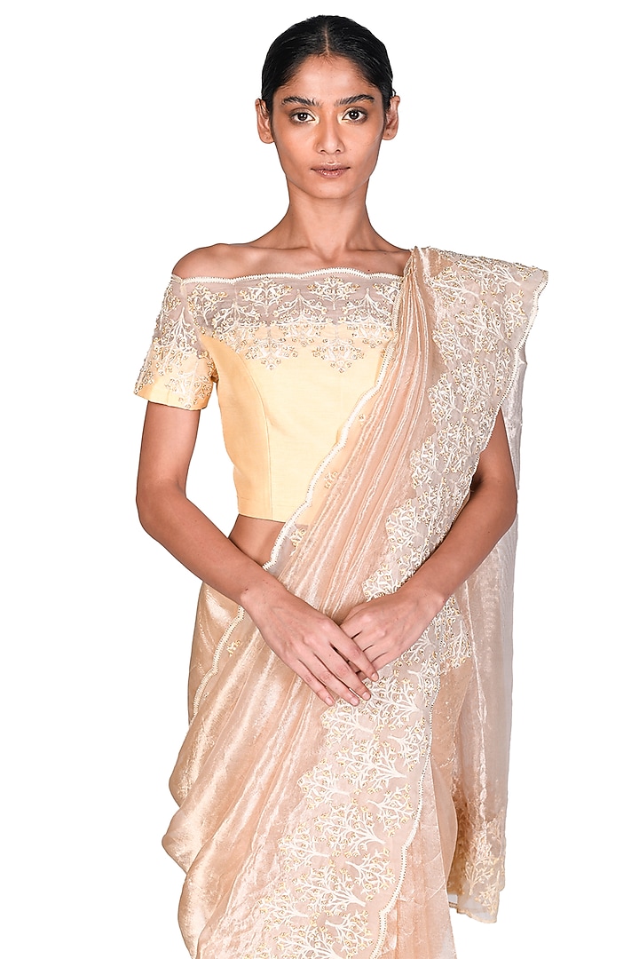 Rose Gold Tissue & Silk Embroidered Reception Saree Set by Dev R Nil at Pernia's Pop Up Shop