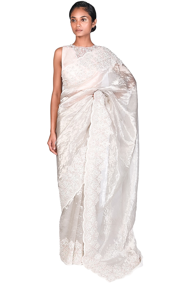 Silver Embroidered Saree Set by Dev R Nil