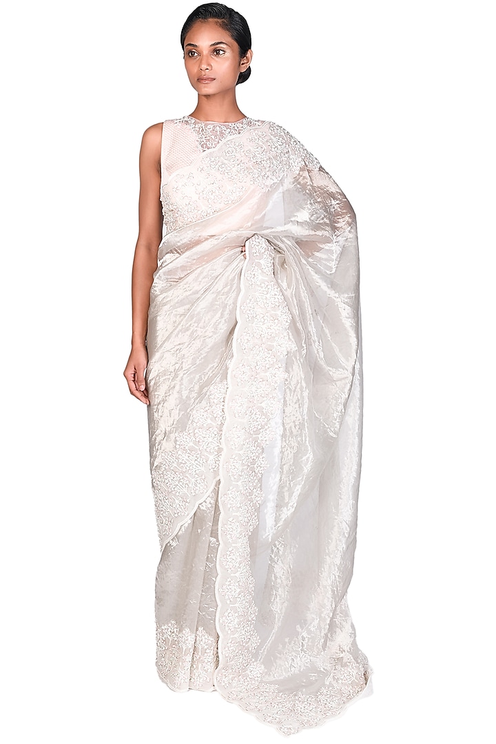 Silver Embroidered Saree Set by Dev R Nil at Pernia's Pop Up Shop