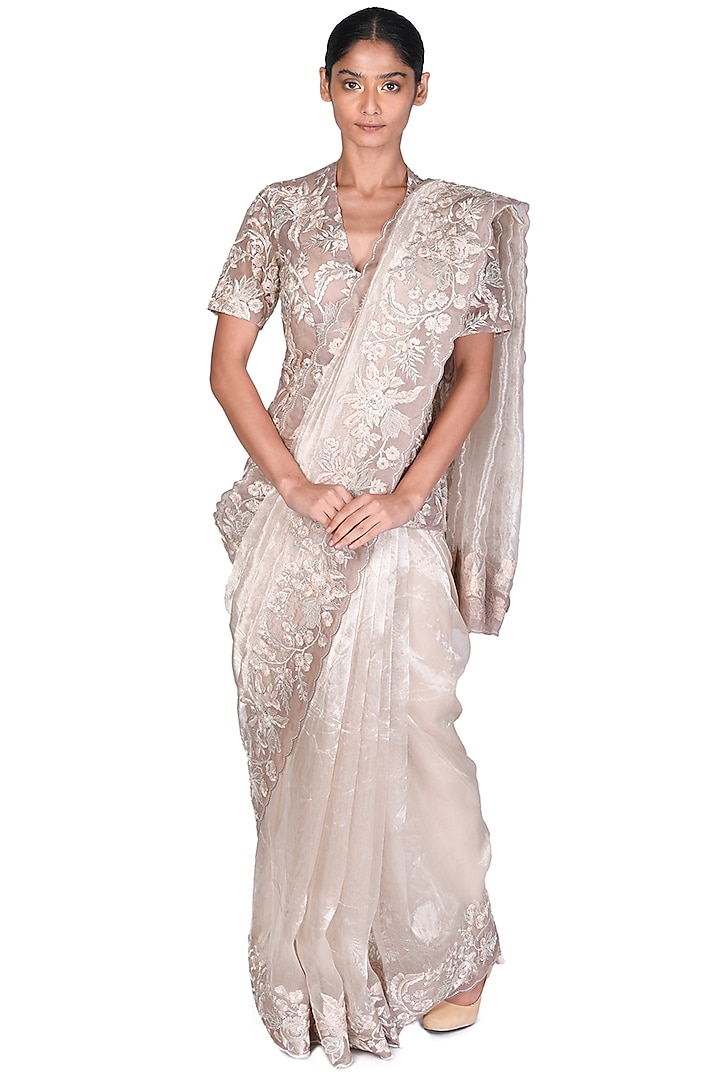 Silver Tissue Embroidered Saree Set by Dev R Nil
