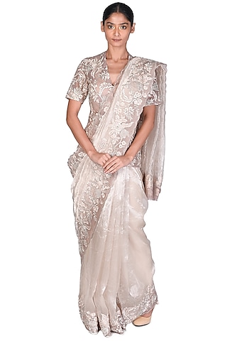 Silver Tissue Embroidered Saree Set by Dev R Nil