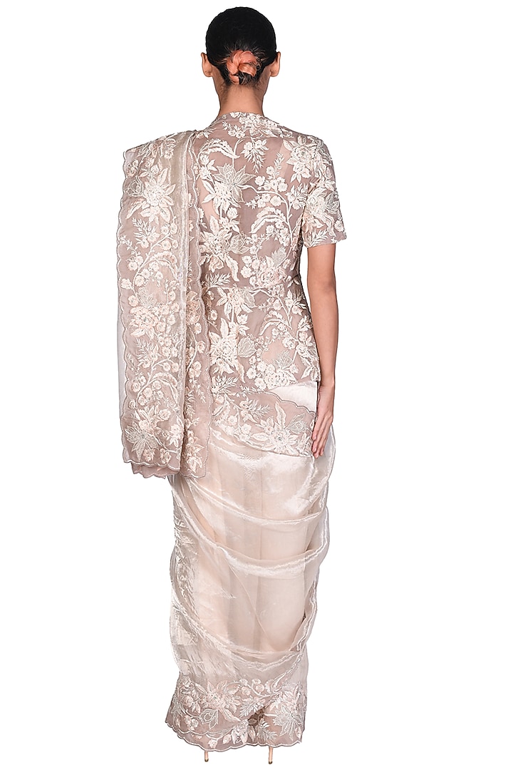 Silver Tissue Embroidered Bridal Saree Set by Dev R Nil at Pernia's Pop Up Shop