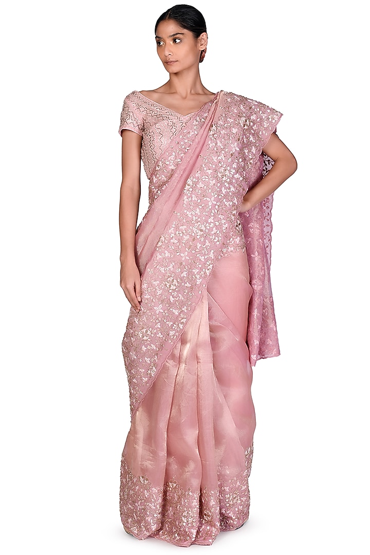 Pink Tissue Embroidered Saree Set by Dev R Nil at Pernia's Pop Up Shop